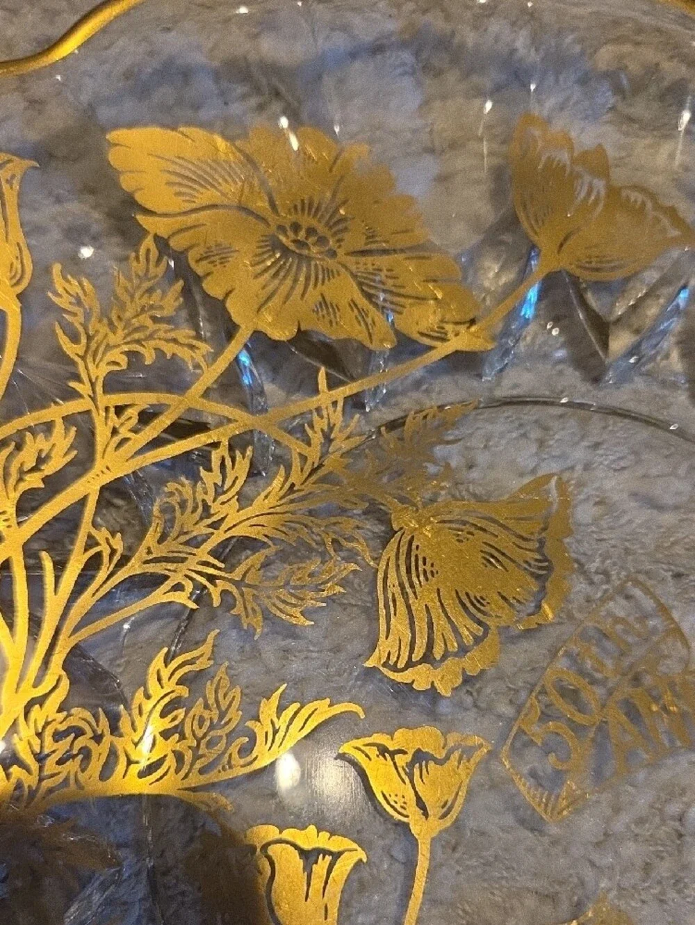 Glass Flanders Poppy 22k Gold Overlay Crystal Cake Plate 50th Anniversary